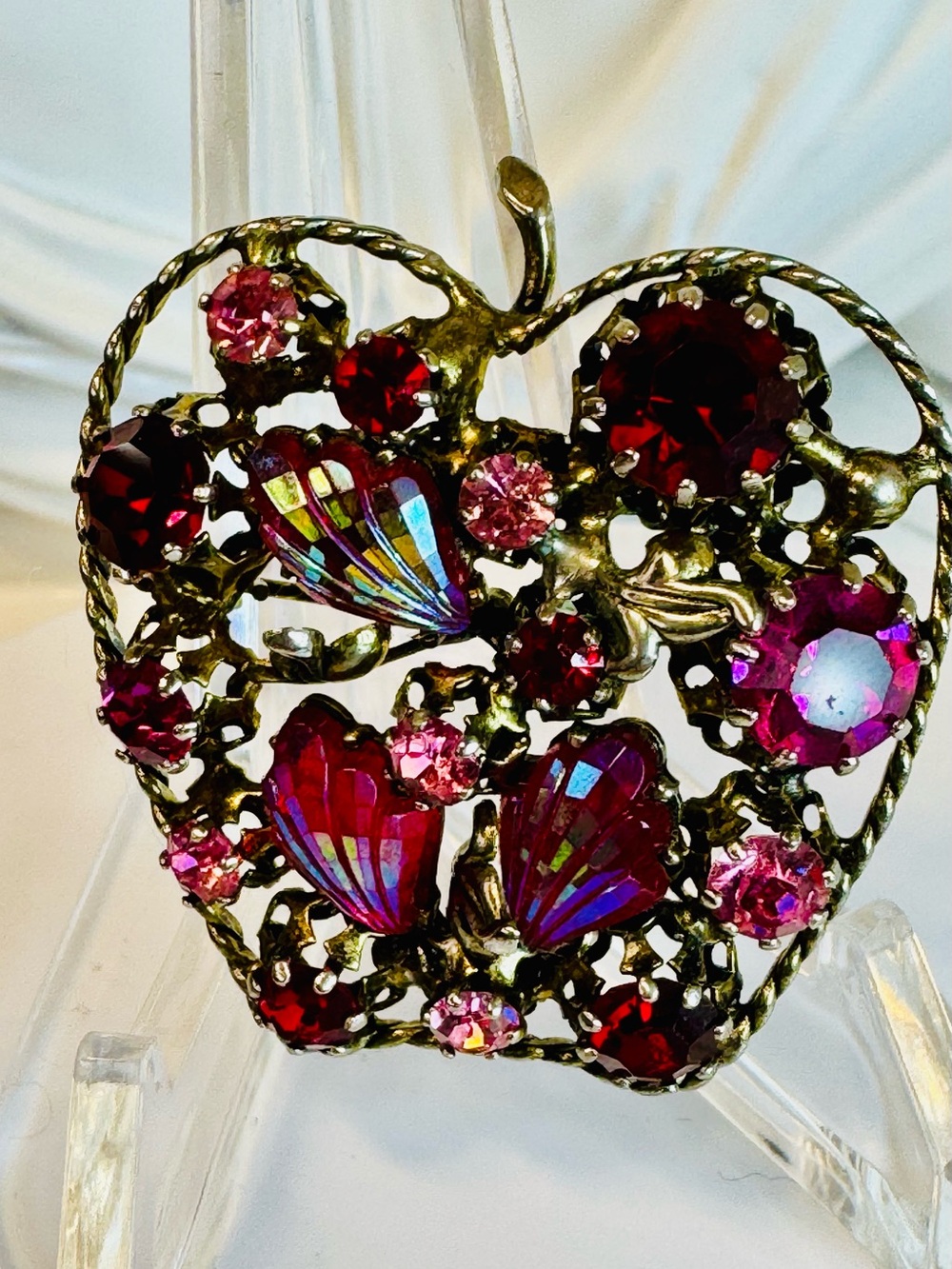 Apple Shaped Austrian Red and Pink Crystal Brooch